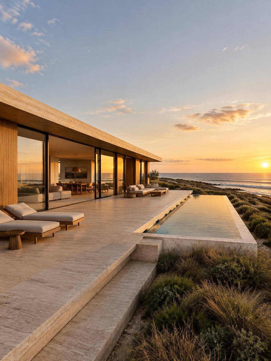 Minimalist oceanfront villa with travertine terrace overlooking the Atlantic