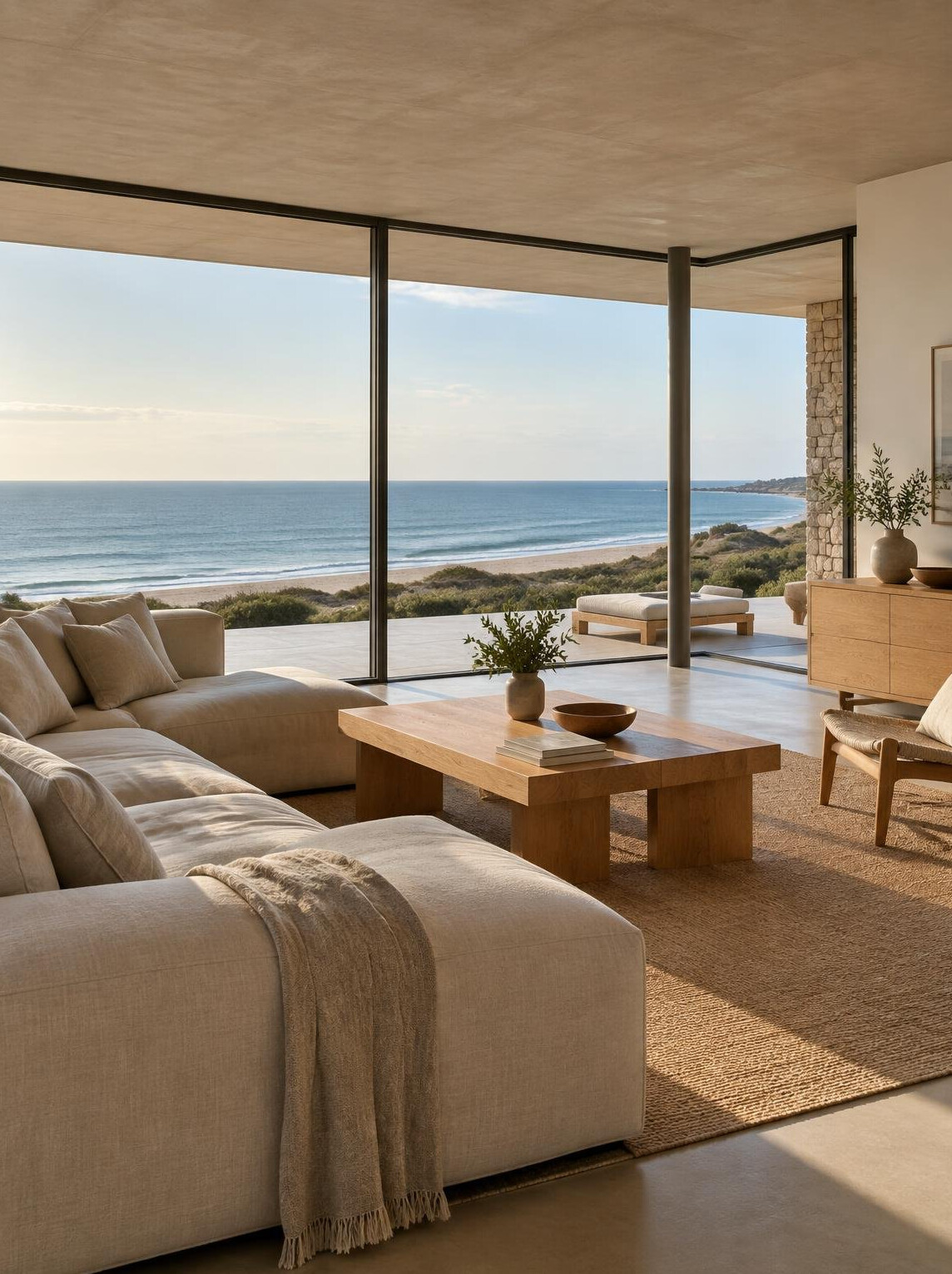 Minimalist living room with ocean view and oak furniture in a Uruguayan villa