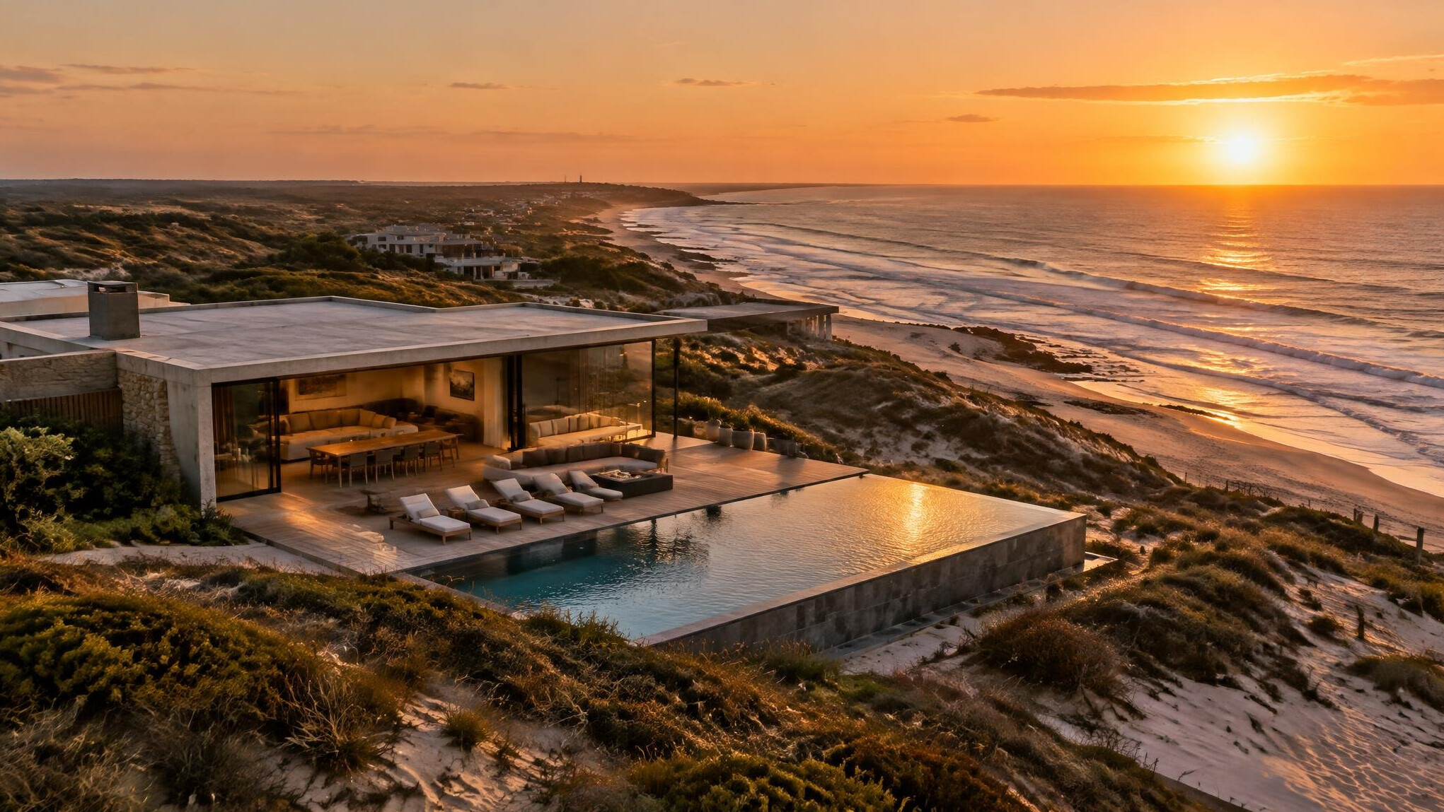Aerial view of a modern oceanfront villa on the coast of José Ignacio at golden hour