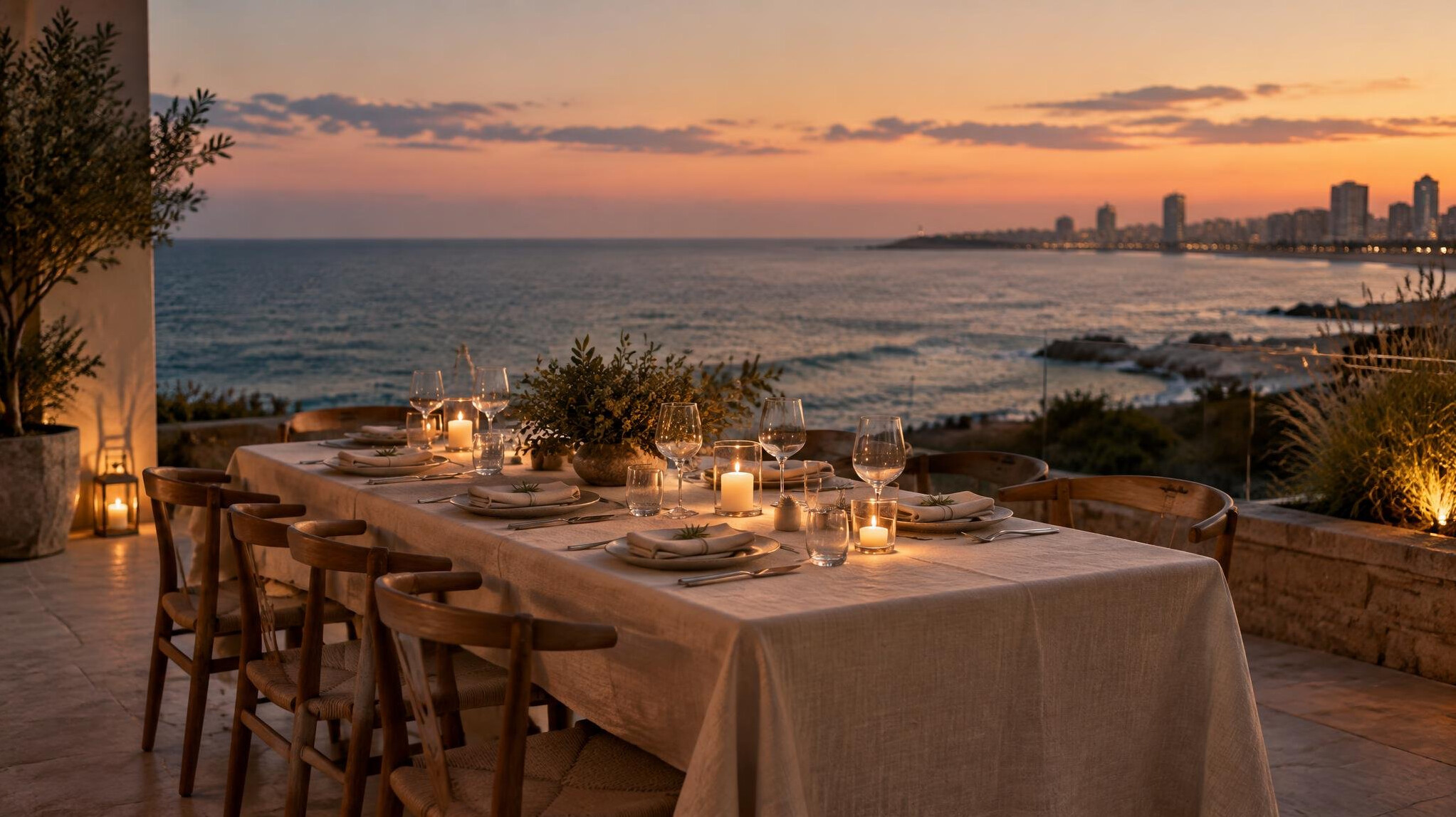 Sunset dinner table set on an oceanview terrace in Punta del Este