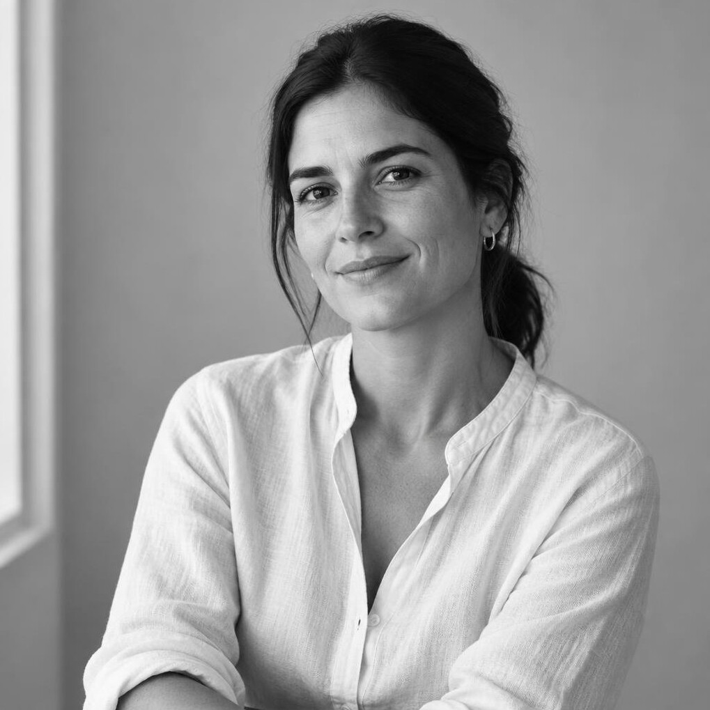 Studio portrait of a Uruguayan woman in her thirties, real estate advisor smiling softly