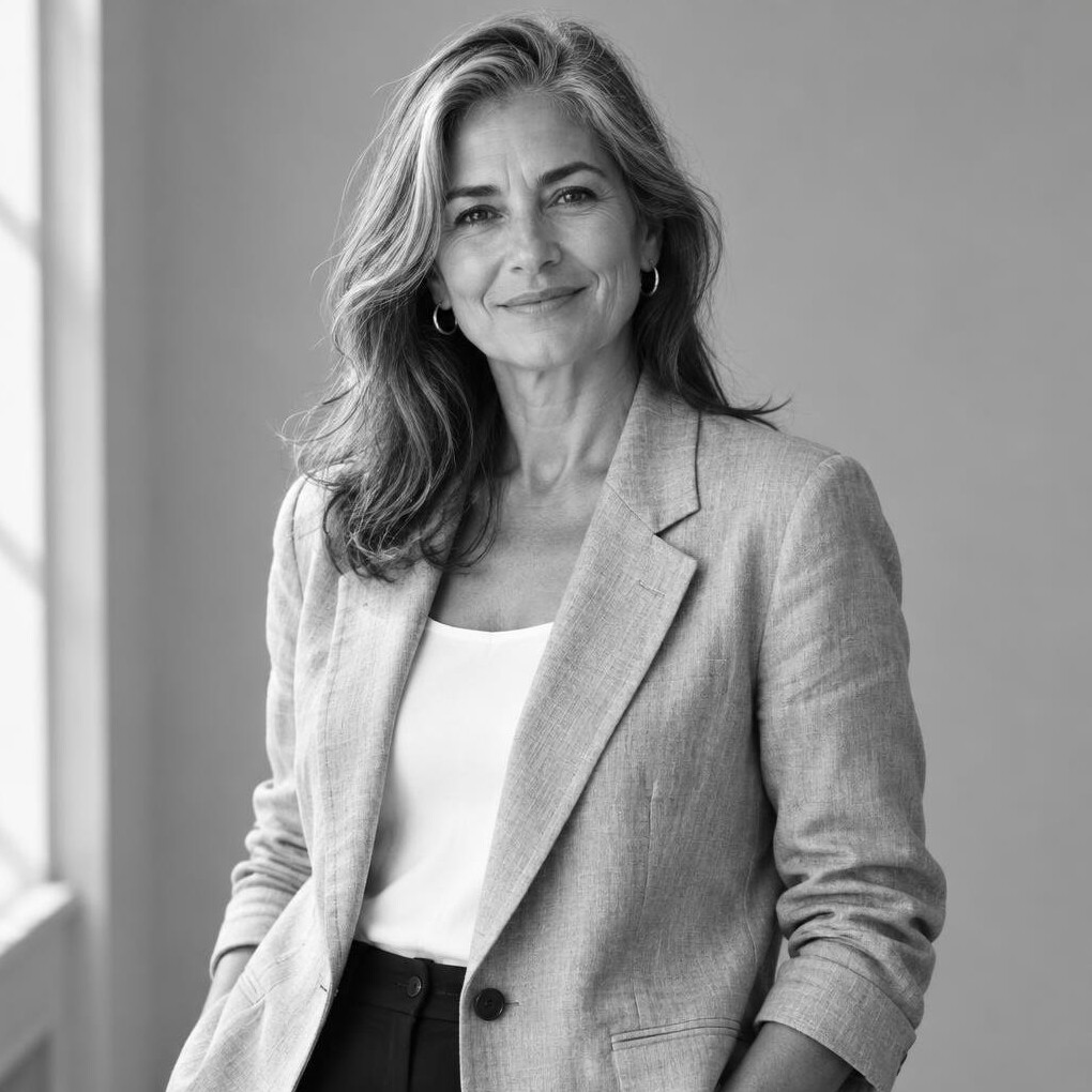 Studio portrait of a South American woman in her fifties, elegant real estate agency founder